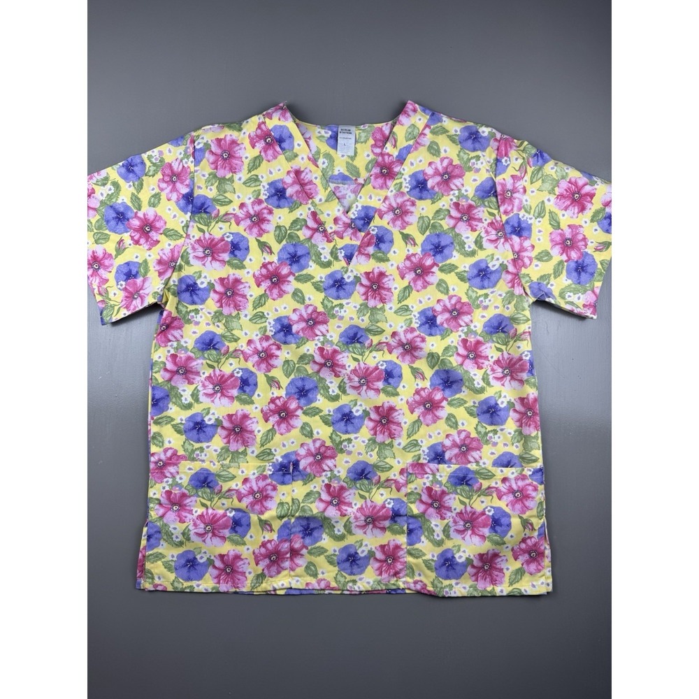 Scrub Station VS Collection Women's V Neck Scrub Top Size Large Yellow Floral
